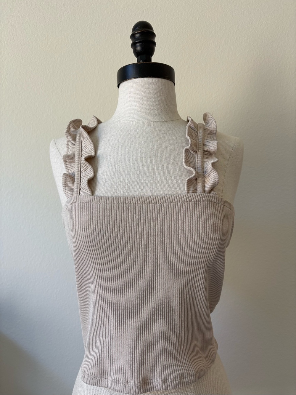 Zara | Ribbed Ruffle Strap Crop Top - Taupe